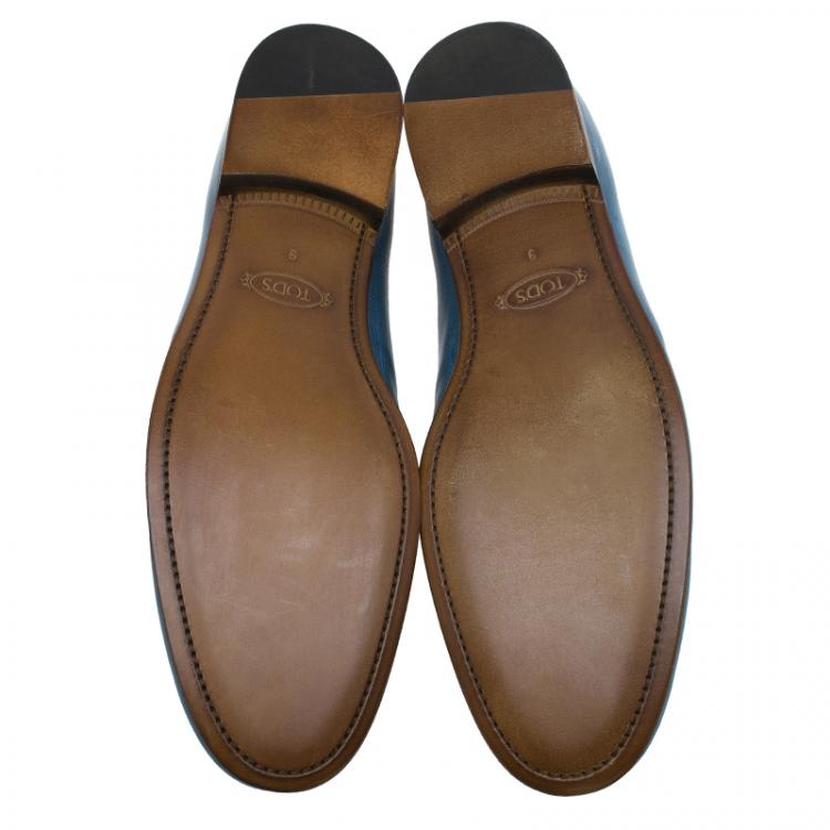 Pre Owned Tod's Blue Leather Bow Loafers Size 43