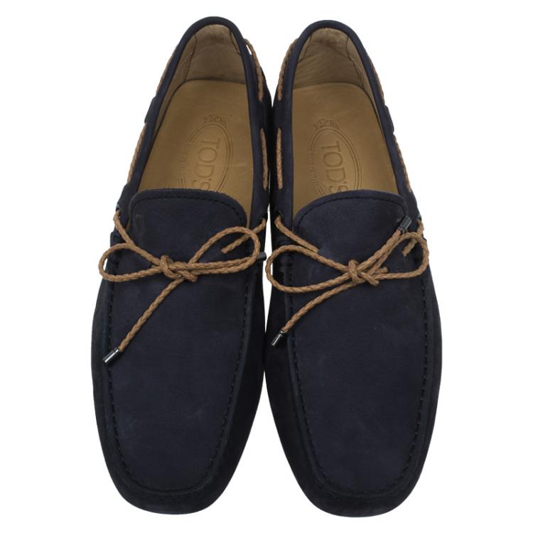 Pre Owned Tod's Navy Blue Nubuck Bow Loafers Size 41.5