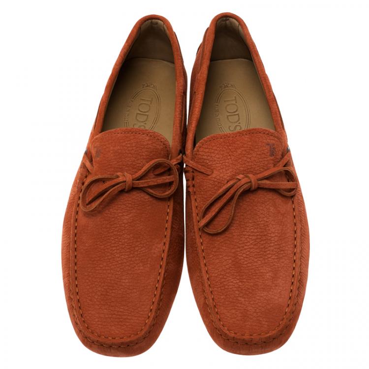 Pre Owned Tod's Brick Red Leather Bow Loafers Size 44.5
