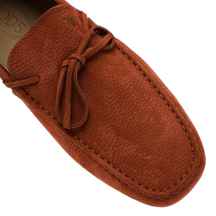 Pre Owned Tod's Brick Red Leather Bow Loafers Size 44.5
