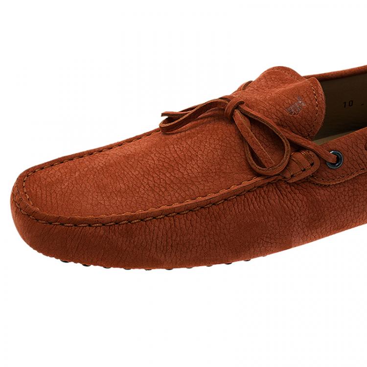 Pre Owned Tod's Brick Red Leather Bow Loafers Size 44.5