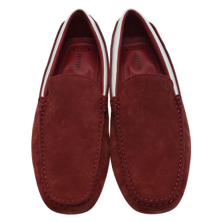 Pre Owned Tod's for Ferrari Red and White Suede Loafers Size 43