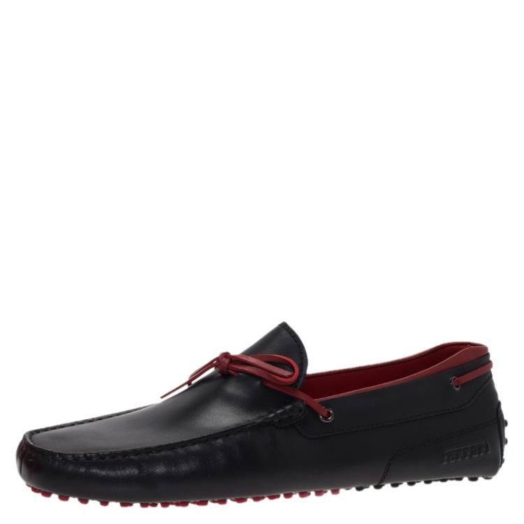 Pre Owned Tod's for Ferrari Black and Red Leather Bow Loafers Size 45