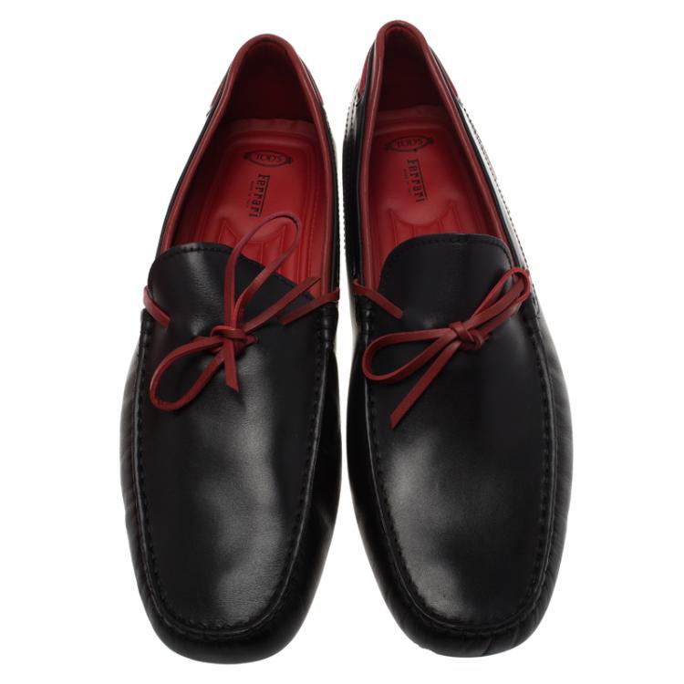 Pre Owned Tod's for Ferrari Black and Red Leather Bow Loafers Size 45