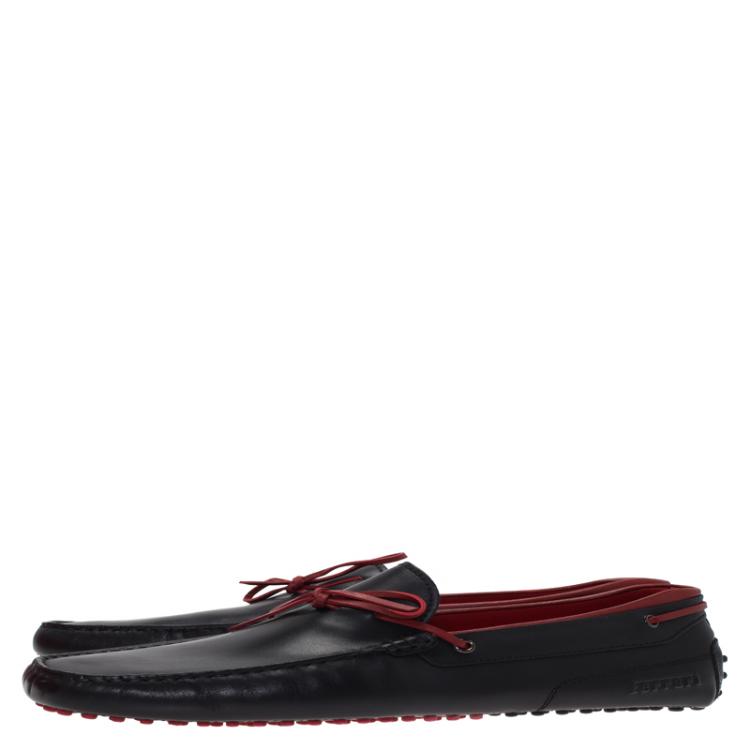 Pre Owned Tod's for Ferrari Black and Red Leather Bow Loafers Size 45