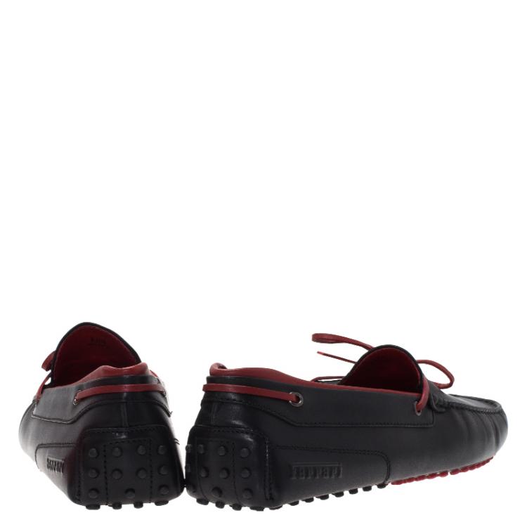 Pre Owned Tod's for Ferrari Black and Red Leather Bow Loafers Size 45