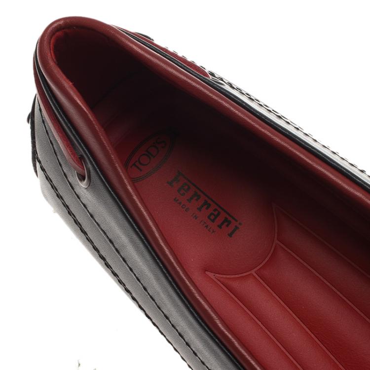 Pre Owned Tod's for Ferrari Black and Red Leather Bow Loafers Size 45