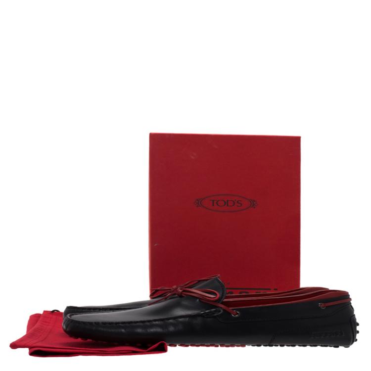 Pre Owned Tod's for Ferrari Black and Red Leather Bow Loafers Size 45