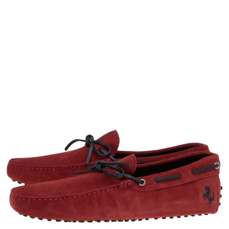 Pre Owned Tod's for Ferrari Red Suede Bow Loafers Size 44