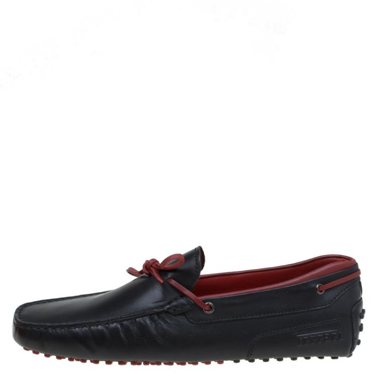 Pre Owned Tod's for Ferrari Black and Red Leather Bow Loafers Size 43