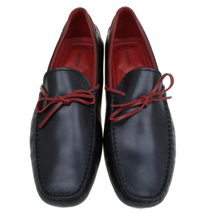 Pre Owned Tod's for Ferrari Black and Red Leather Bow Loafers Size 43