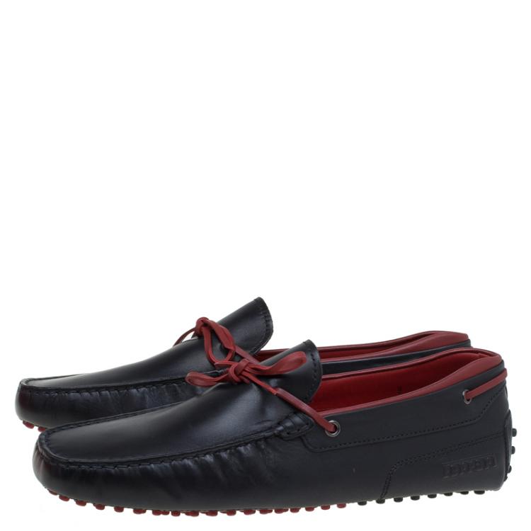 Pre Owned Tod's for Ferrari Black and Red Leather Bow Loafers Size 43