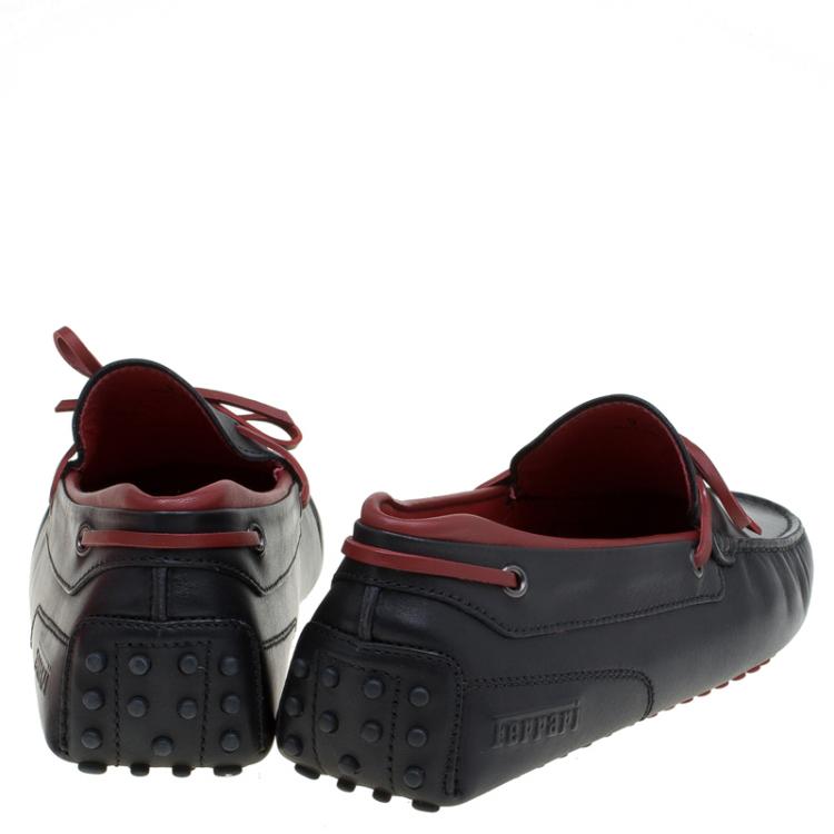 Pre Owned Tod's for Ferrari Black and Red Leather Bow Loafers Size 43