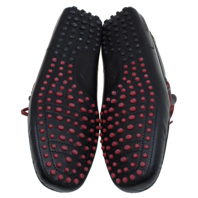 Pre Owned Tod's for Ferrari Black and Red Leather Bow Loafers Size 43
