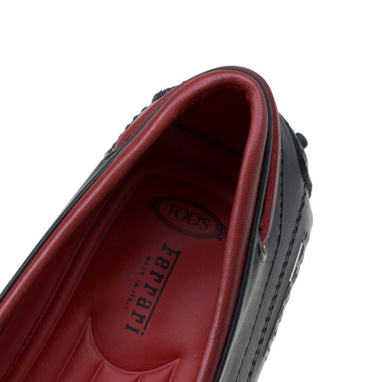 Pre Owned Tod's for Ferrari Black and Red Leather Bow Loafers Size 43
