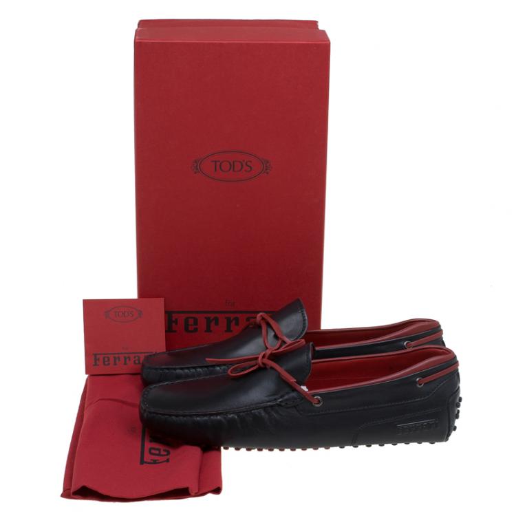 Pre Owned Tod's for Ferrari Black and Red Leather Bow Loafers Size 43