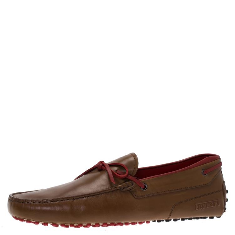 Pre Owned Tod's For Ferrari Brown Leather Bow Loafers Size 42.5