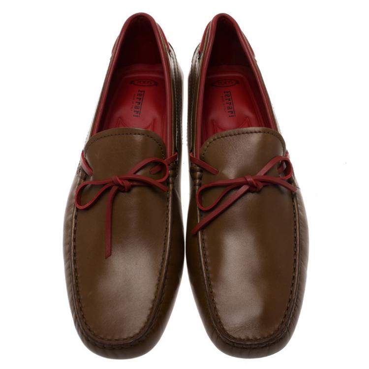 Pre Owned Tod's For Ferrari Brown Leather Bow Loafers Size 42.5