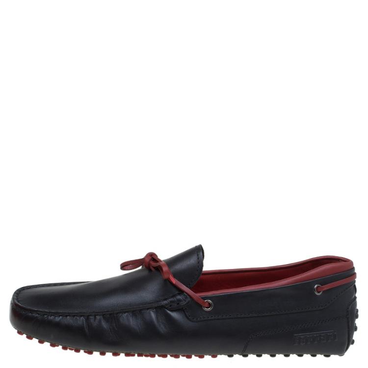Pre Owned Tod's for Ferrari Black and Red Leather Bow Loafers Size 44.5