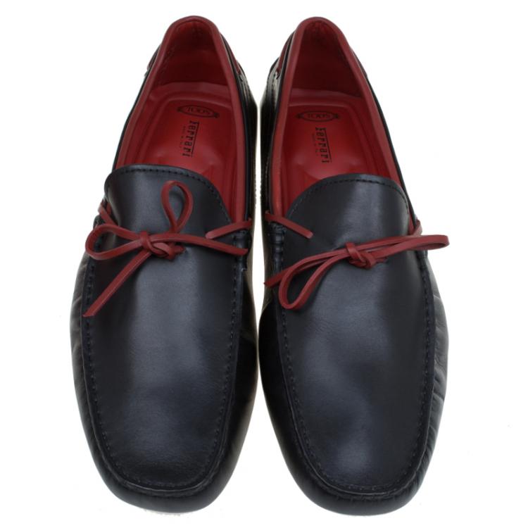 Pre Owned Tod's for Ferrari Black and Red Leather Bow Loafers Size 44.5