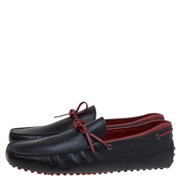 Pre Owned Tod's for Ferrari Black and Red Leather Bow Loafers Size 44.5