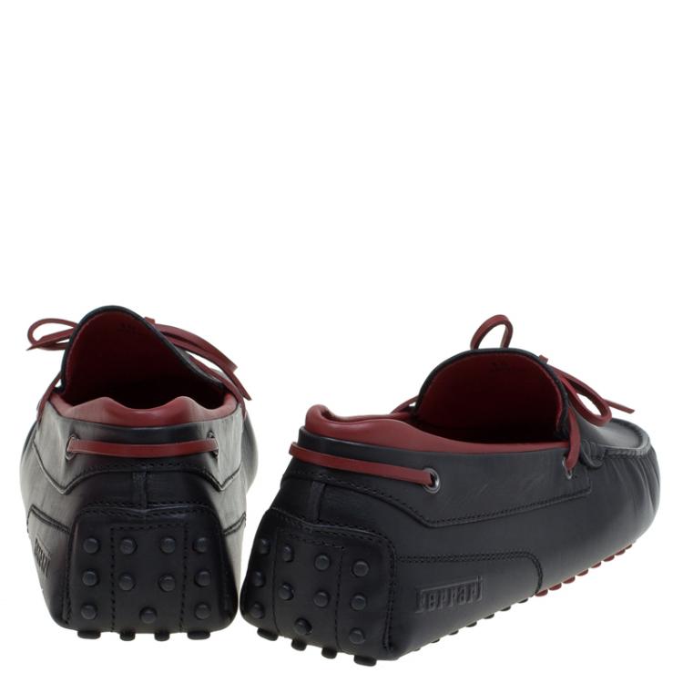 Pre Owned Tod's for Ferrari Black and Red Leather Bow Loafers Size 44.5