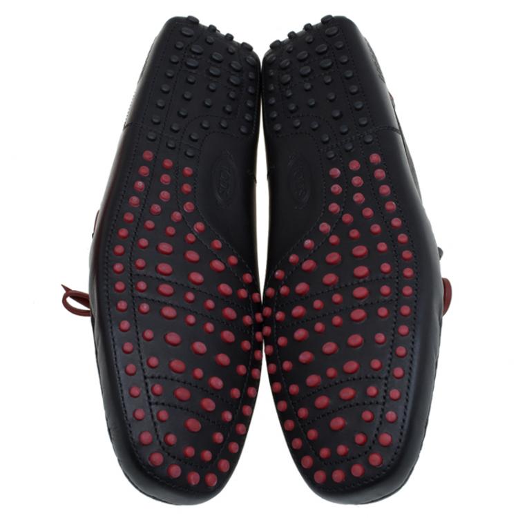 Pre Owned Tod's for Ferrari Black and Red Leather Bow Loafers Size 44.5