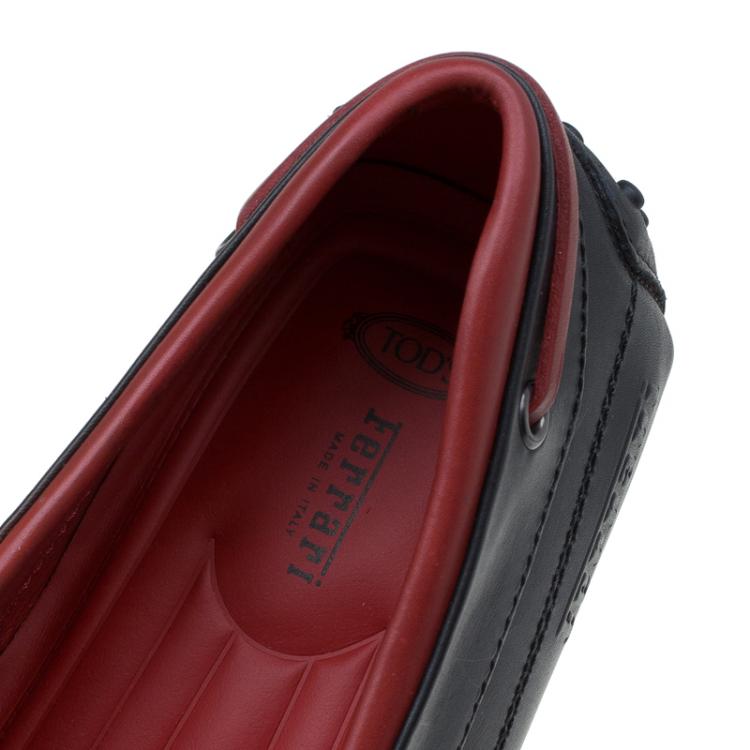 Pre Owned Tod's for Ferrari Black and Red Leather Bow Loafers Size 44.5