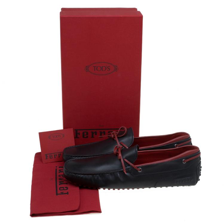 Pre Owned Tod's for Ferrari Black and Red Leather Bow Loafers Size 44.5