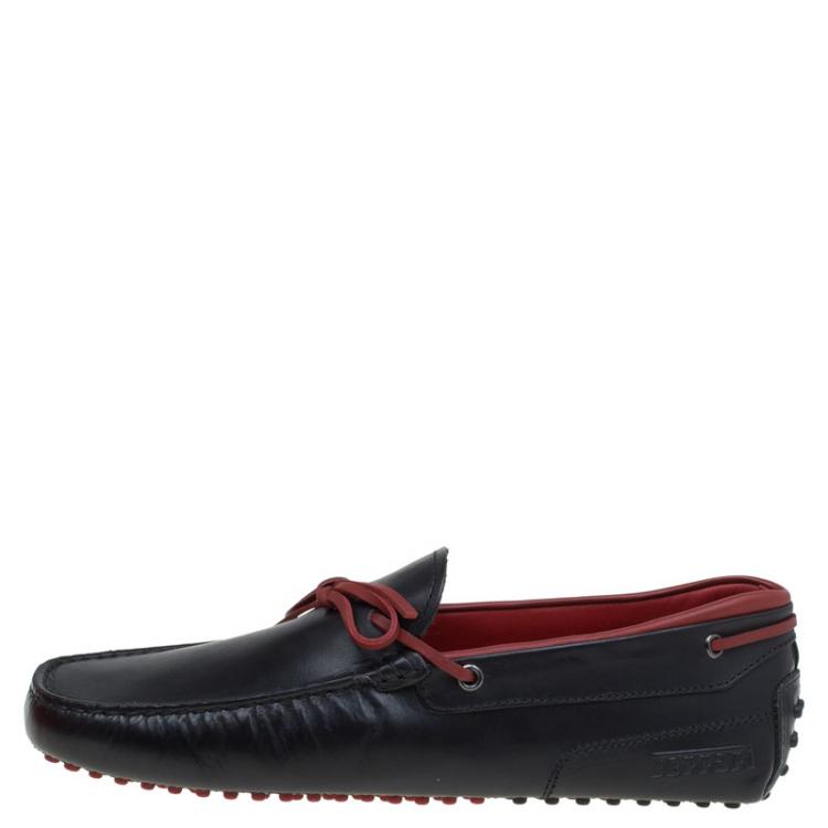 Pre Owned Tod's for Ferrari Black and Red Leather Bow Loafers Size 42.5