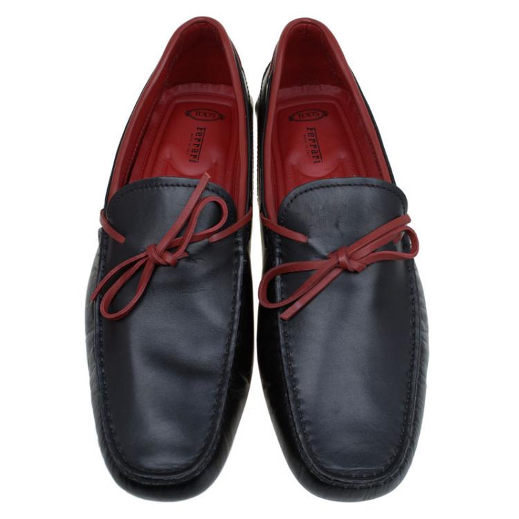 Pre Owned Tod's for Ferrari Black and Red Leather Bow Loafers Size 42.5