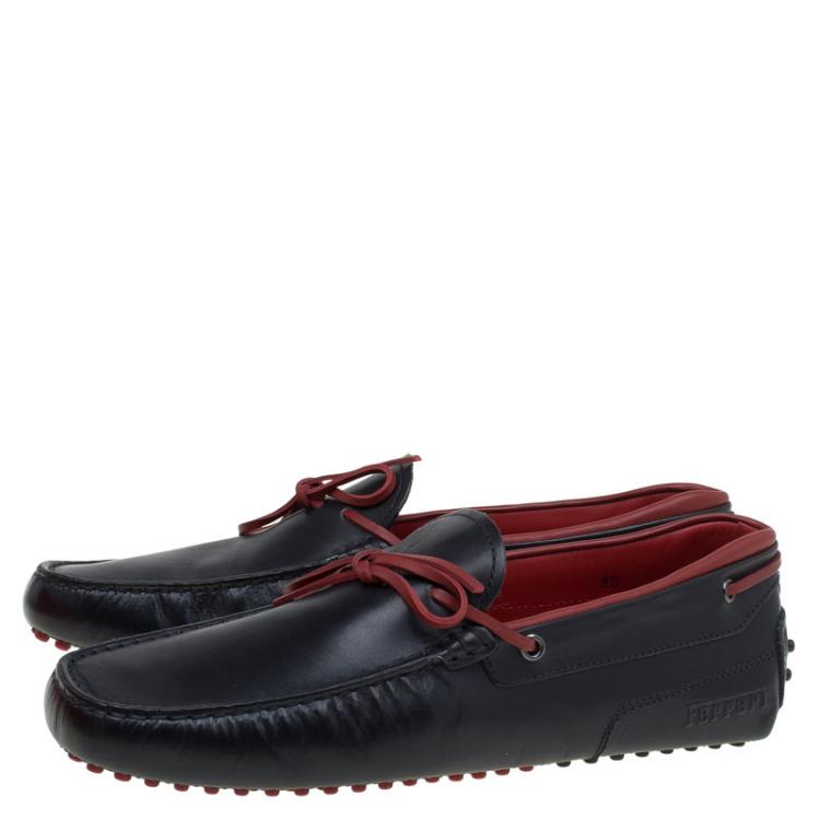 Pre Owned Tod's for Ferrari Black and Red Leather Bow Loafers Size 42.5
