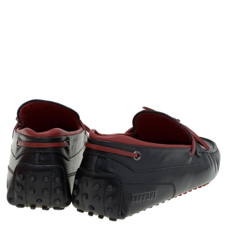 Pre Owned Tod's for Ferrari Black and Red Leather Bow Loafers Size 42.5