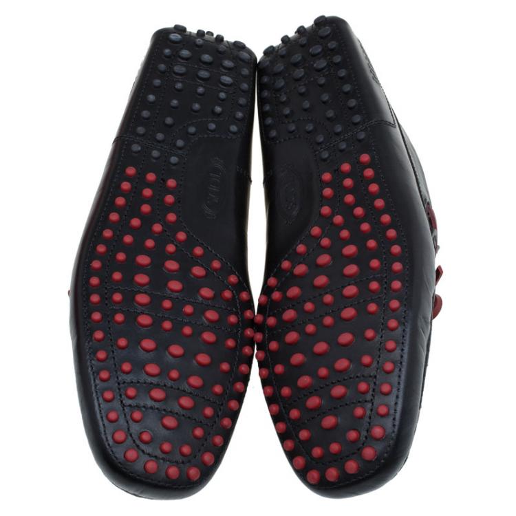 Pre Owned Tod's for Ferrari Black and Red Leather Bow Loafers Size 42.5
