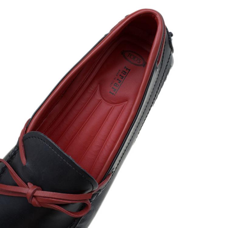 Pre Owned Tod's for Ferrari Black and Red Leather Bow Loafers Size 42.5