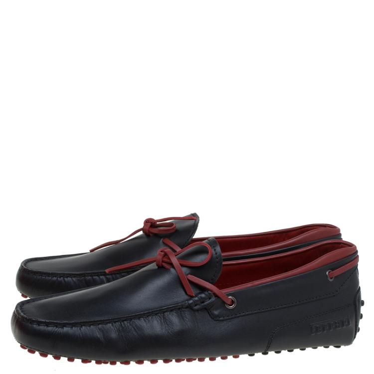 Pre Owned Tod's for Ferrari Black and Red Leather Bow Loafers Size 42
