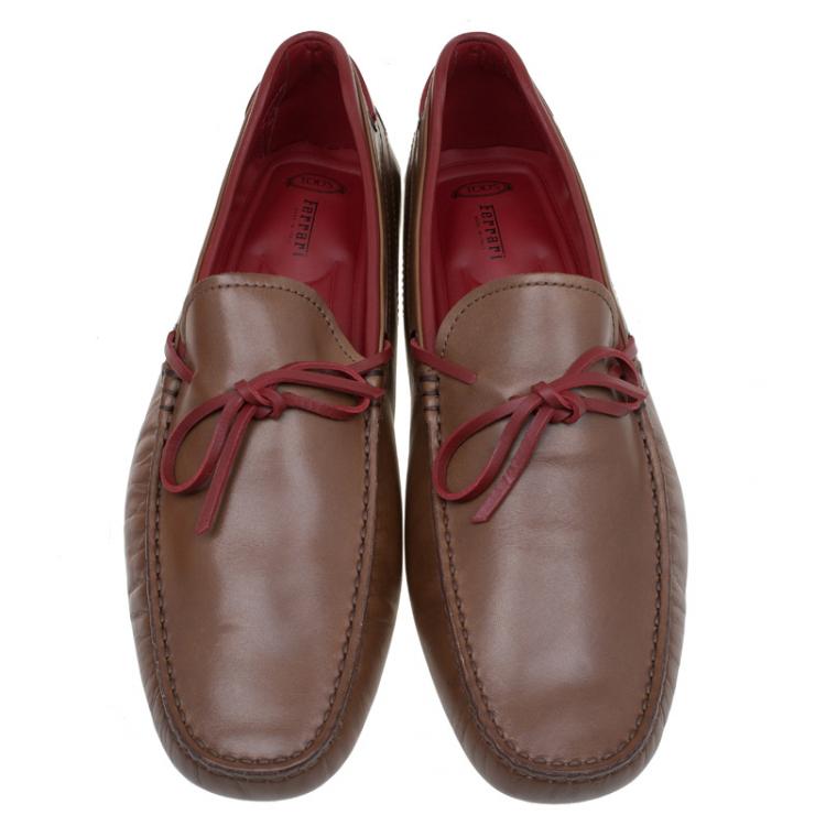 مملوكة مسبقًا Tod's For Ferrari Brown Leather Bow Loafers Size 44.5