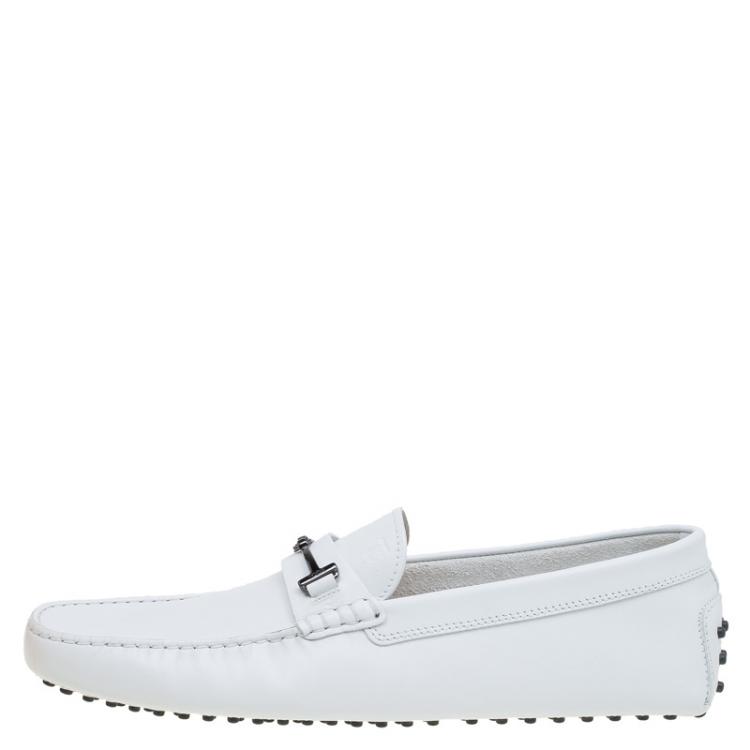 Pre Owned Tod's White Leather Horsebit Buckle Loafers Size 46.5