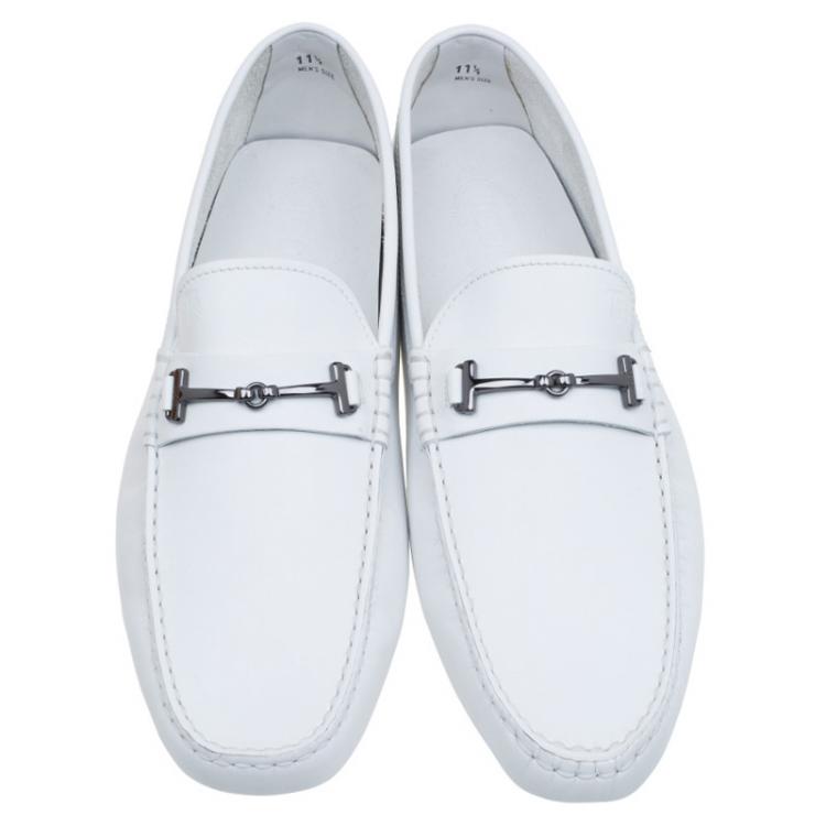 Pre Owned Tod's White Leather Horsebit Buckle Loafers Size 46.5