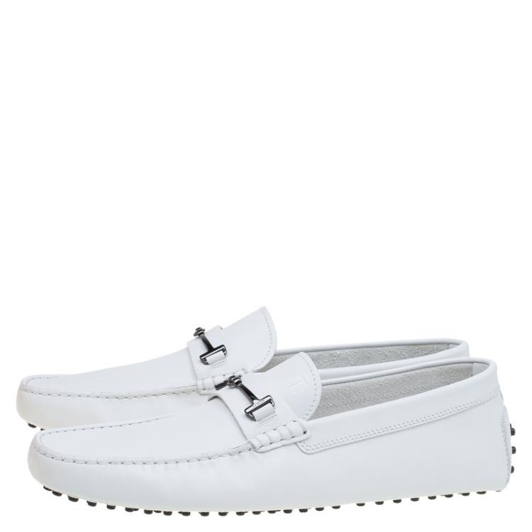 Pre Owned Tod's White Leather Horsebit Buckle Loafers Size 46.5