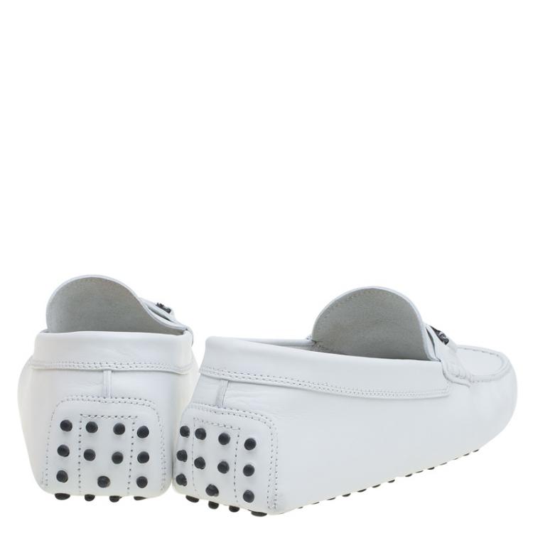 Pre Owned Tod's White Leather Horsebit Buckle Loafers Size 46.5
