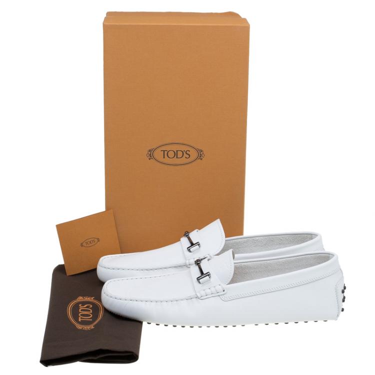 Pre Owned Tod's White Leather Horsebit Buckle Loafers Size 46.5