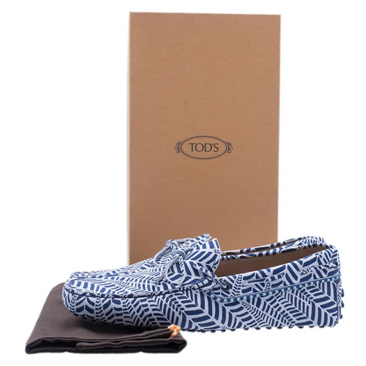 Pre Owned Tod's Blue and White Printed Leather Bow Loafers Size 43