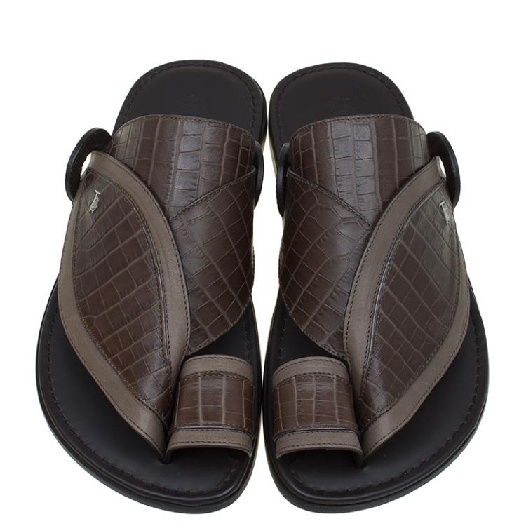 Pre Owned Tod's Brown Croc Embossed Leather Sandals Size 41