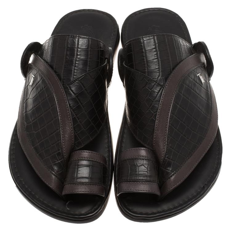 Pre Owned Tod's Black Croc Embossed Leather Sandals Size 39.5