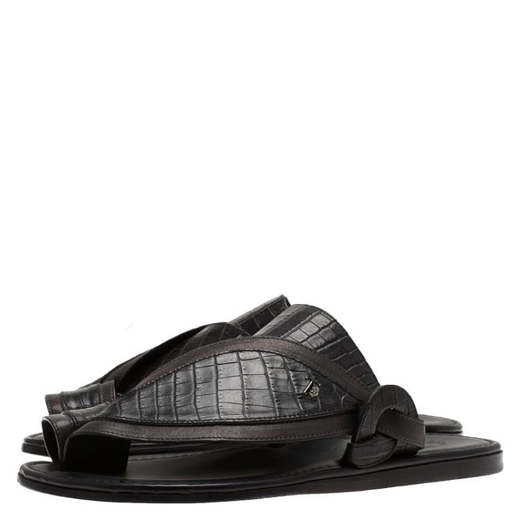 Pre Owned Tod's Black Croc Embossed Leather Sandals Size 39.5
