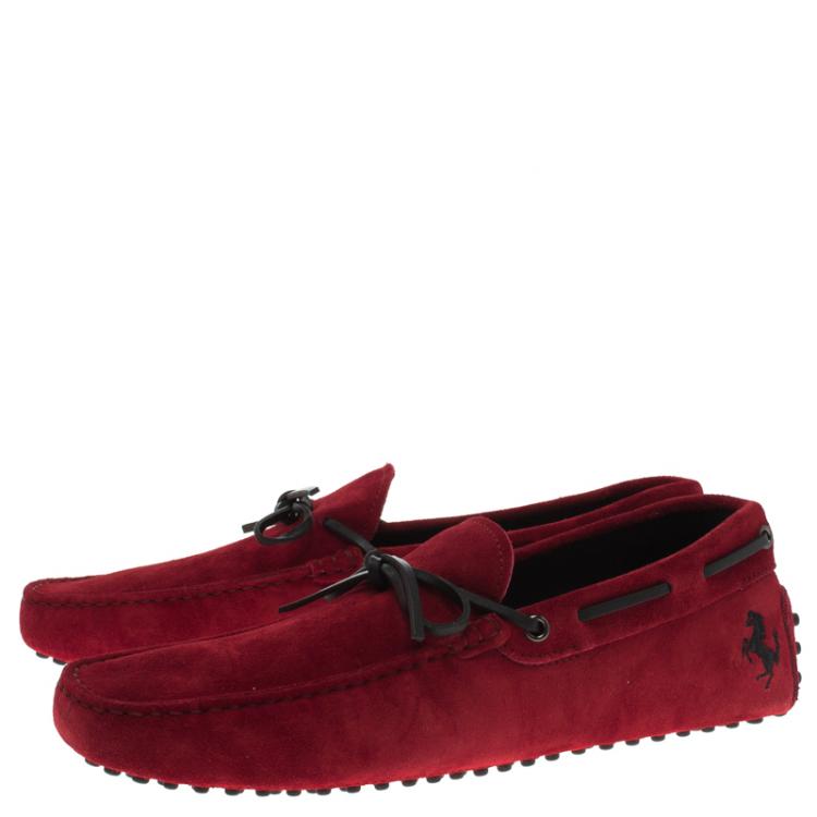 Pre Owned Tod's For Ferrari Red Suede Bow Loafers Size 42.5