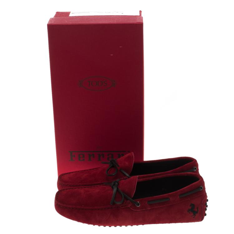 Pre Owned Tod's For Ferrari Red Suede Bow Loafers Size 42.5