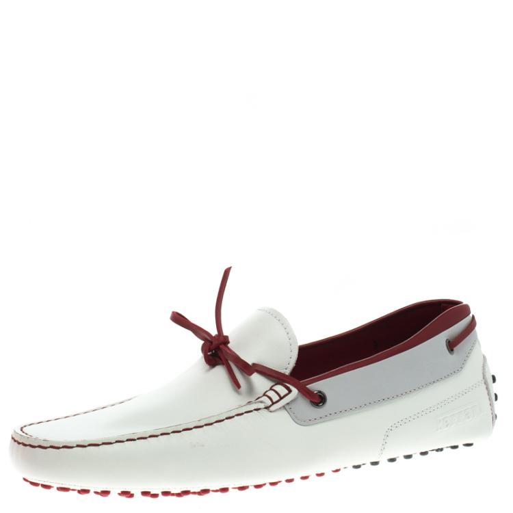 Pre Owned Tod's For Ferrari White and Red Leather Bow Loafers Size 43