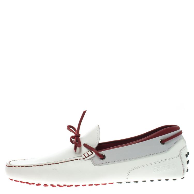 Pre Owned Tod's For Ferrari White and Red Leather Bow Loafers Size 43
